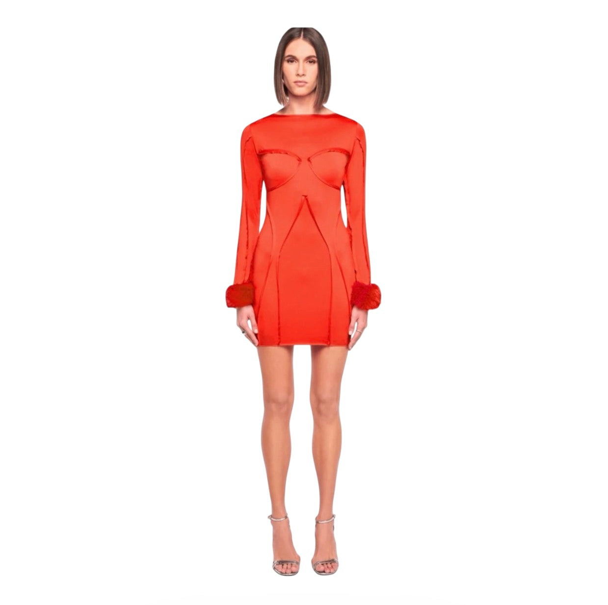 OW Collection CIARA Mini Dress in Red Removable Fur Cuffs
Sz Large