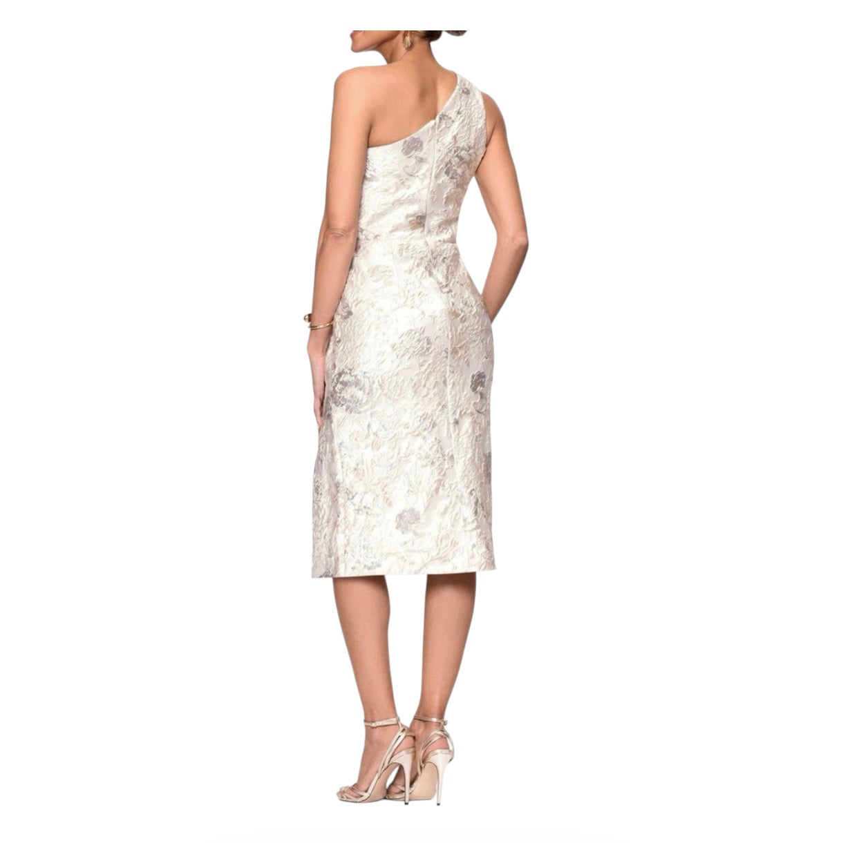 Xscape Evenings Metallic Floral Jacquard One-Shoulder Sheath Cocktail Dress in Champagne NWT Sz 10