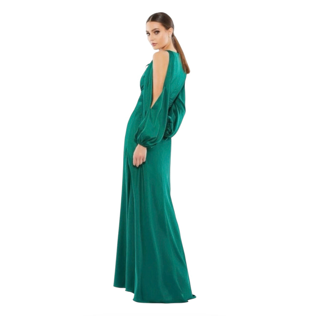 Mac Duggal 55397 Emerald Green Satin Cold Shoulder Keyhole
Gown Size 4
