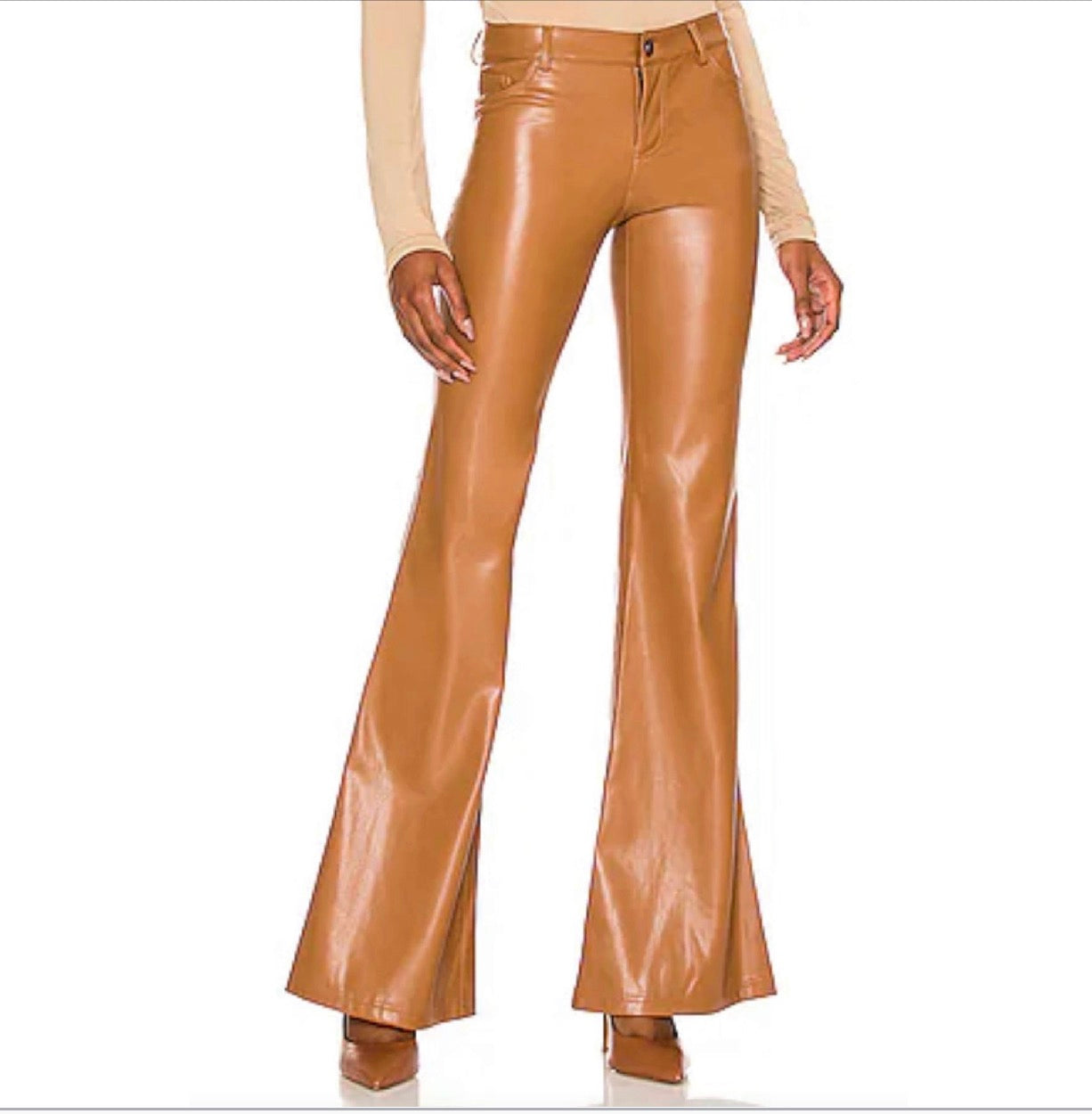 Alice & Olivia Marshall Vegan Leather Crop Bell Pant in Camel Sz 0