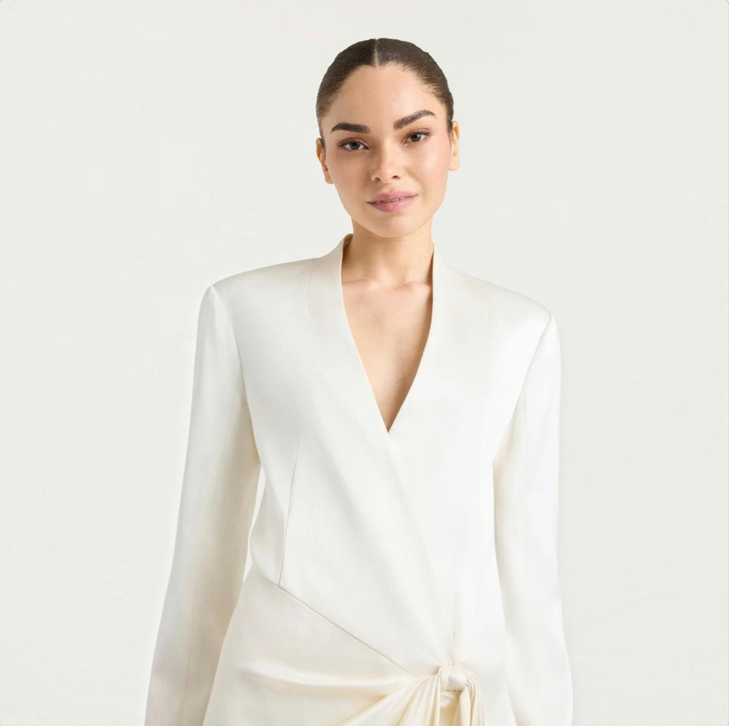 CINQ À SEPT Irma Ivory Satin Tie Front Mini Dress Size 8