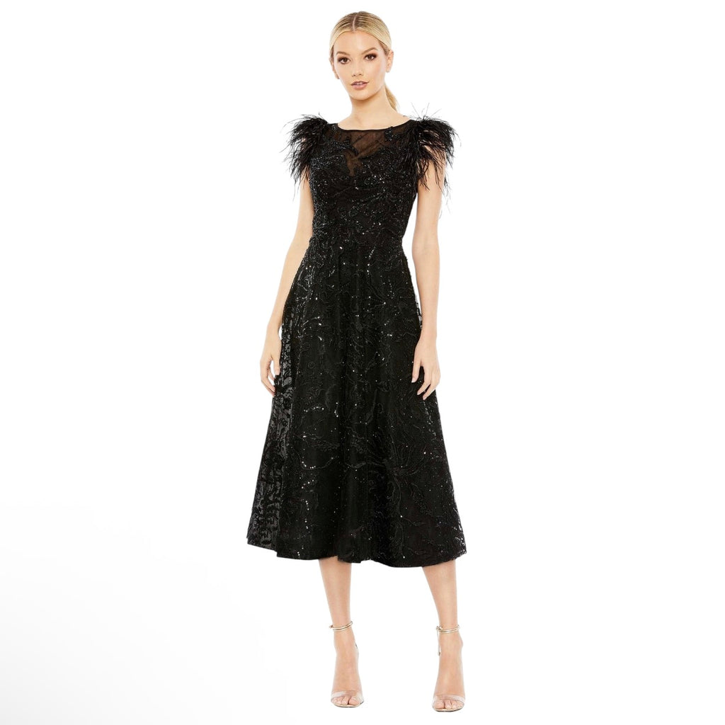 Mac Duggal 20400 Feather Shoulder Sequin Embellished Midi Dress Black Size 8