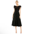 Mac Duggal 20400 Feather Shoulder Sequin Embellished Midi Dress Black Size 8