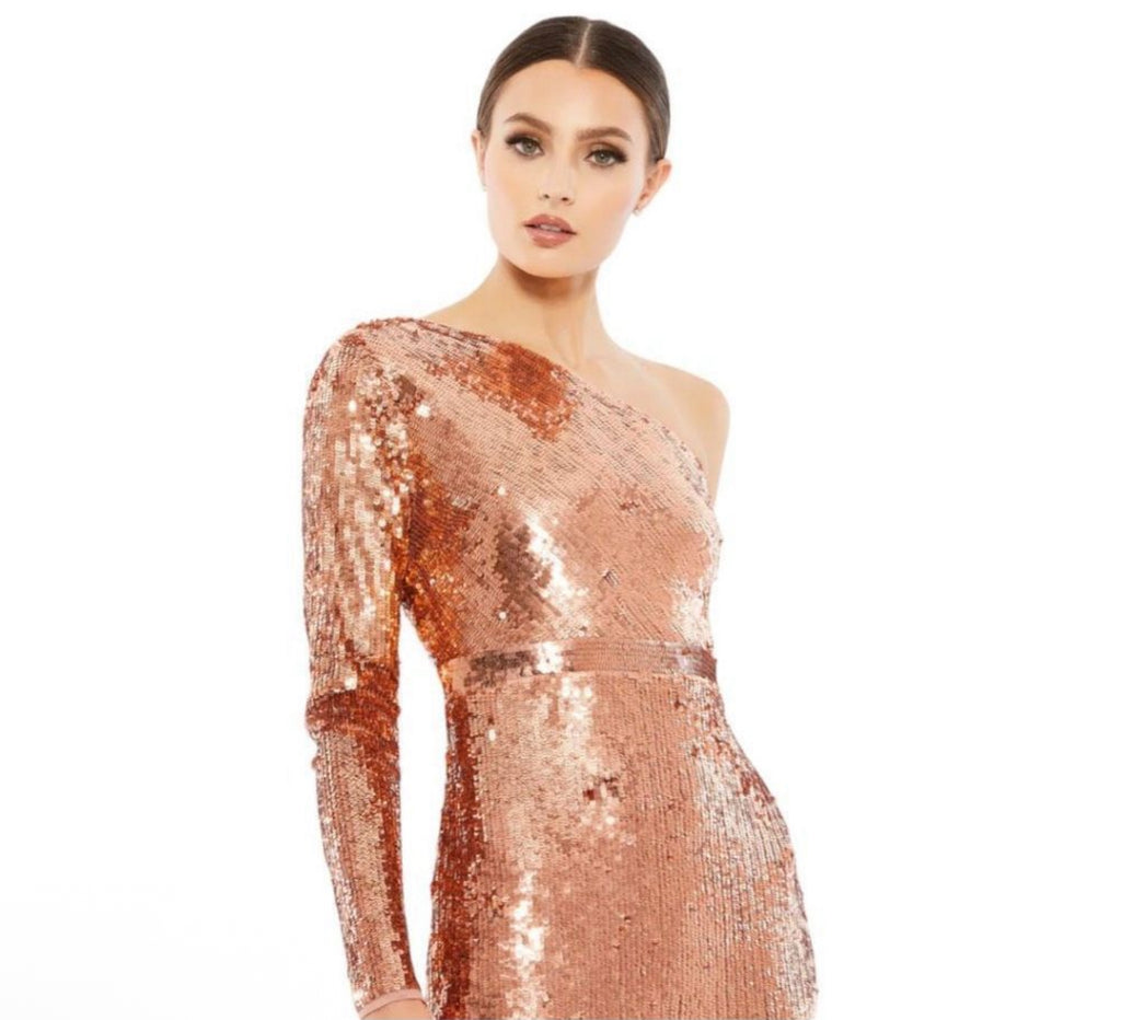 Mac Duggal Sequin One Sleeve
Column Gown Copper 10788 sz 4 $498