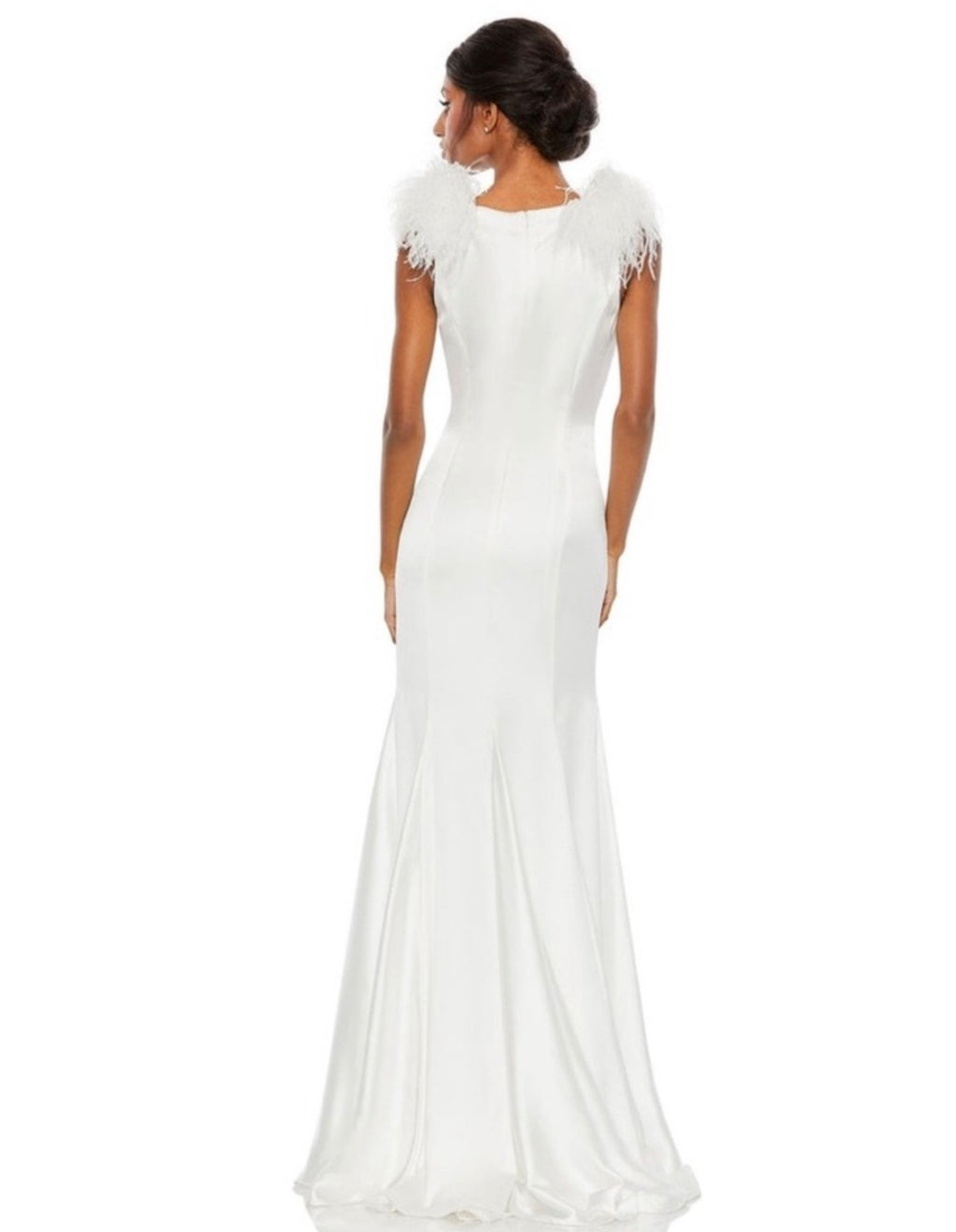 Mac Duggal #68137 Satin Feather Shoulder V-Neck Gown in White Sz 4 $798