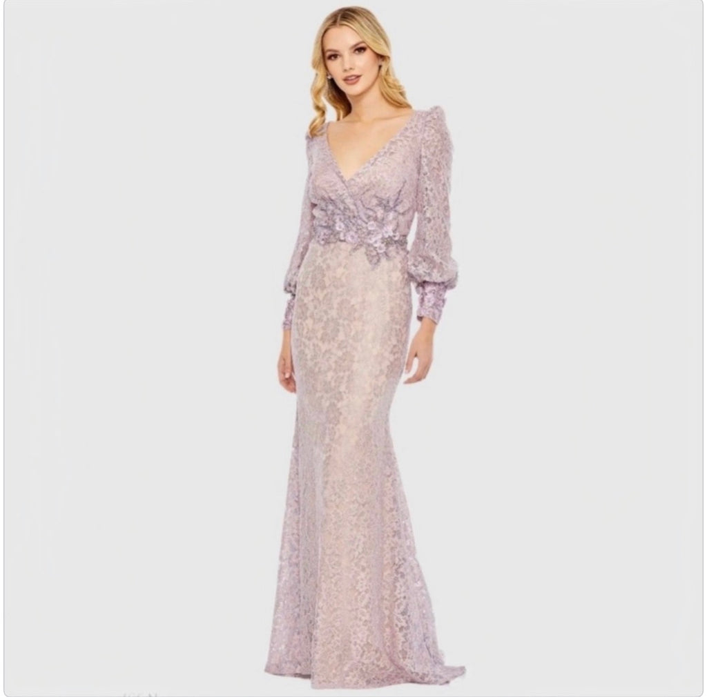 MAC DUGGAL 79397 Vintage Lilac
Lace Long Sleeve V Neck Embellished Gown Sz 14
