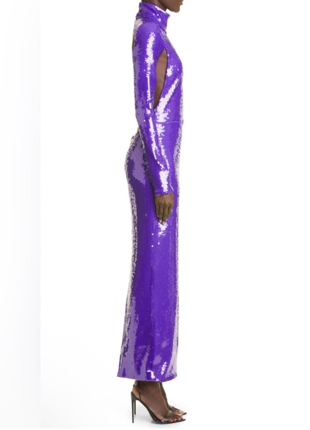 New LaQuan Smith Sequin Mock Neck Long Sleeve Cutout Column Gown Sz Small $3,125