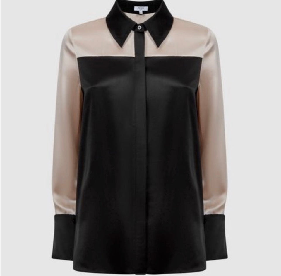 REISS 100% Silk Lorey
Black / Champagne
Colorblock Button Up Blouse size 6 $385