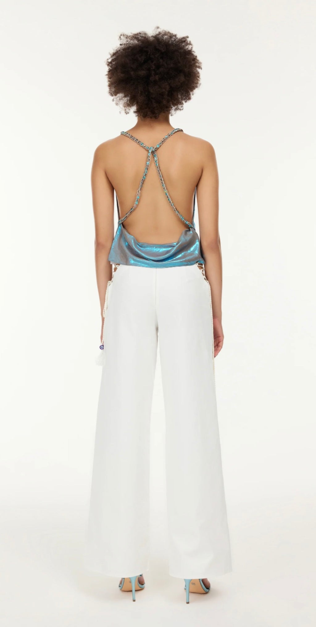 My Beachy Side Charlotte Shimmer Draped Top Blue Metallic Halter Size Medium $245