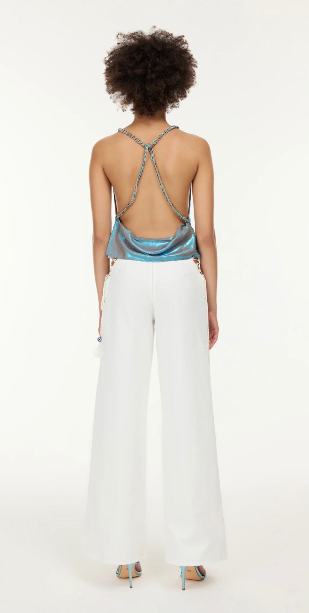 My Beachy Side Charlotte Shimmer Draped Top Blue Metallic Halter Size Medium $245