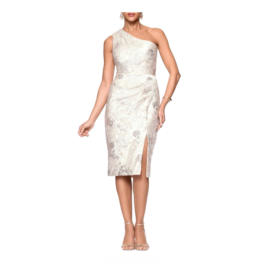 Xscape Evenings Metallic Floral Jacquard One-Shoulder Sheath Cocktail Dress in Champagne NWT Sz 10