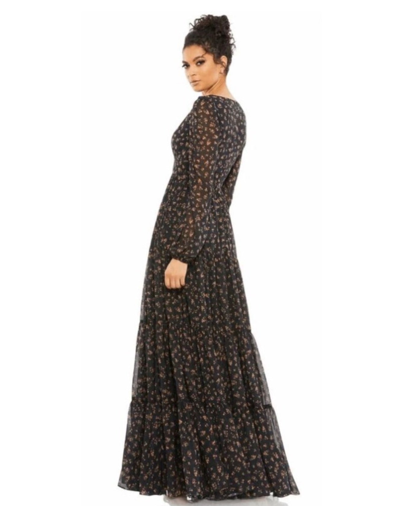 leena Mac Duggal 55431 Floral Ruffles Tiered Long Sleeve Maxi
Dress Sz 0 $398 Black Multi