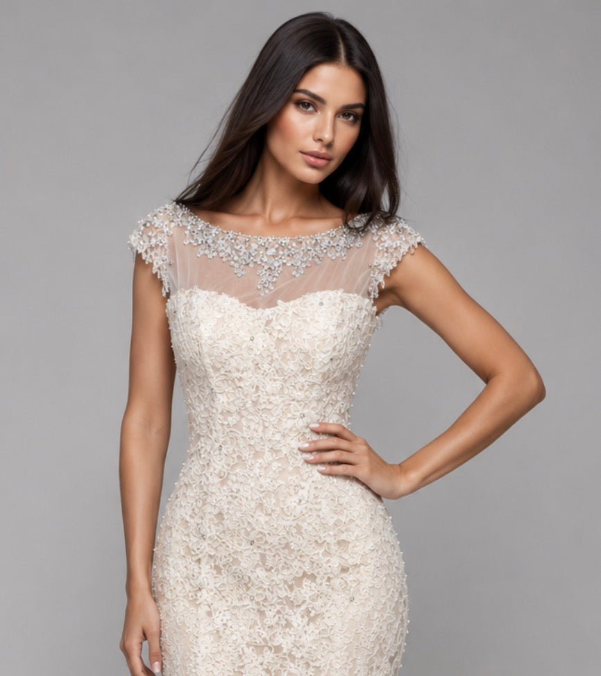Sherri Hill 51114 Ivory Lace Mermaid Gown – Beaded Cap Sleeve Formal Dress – $918