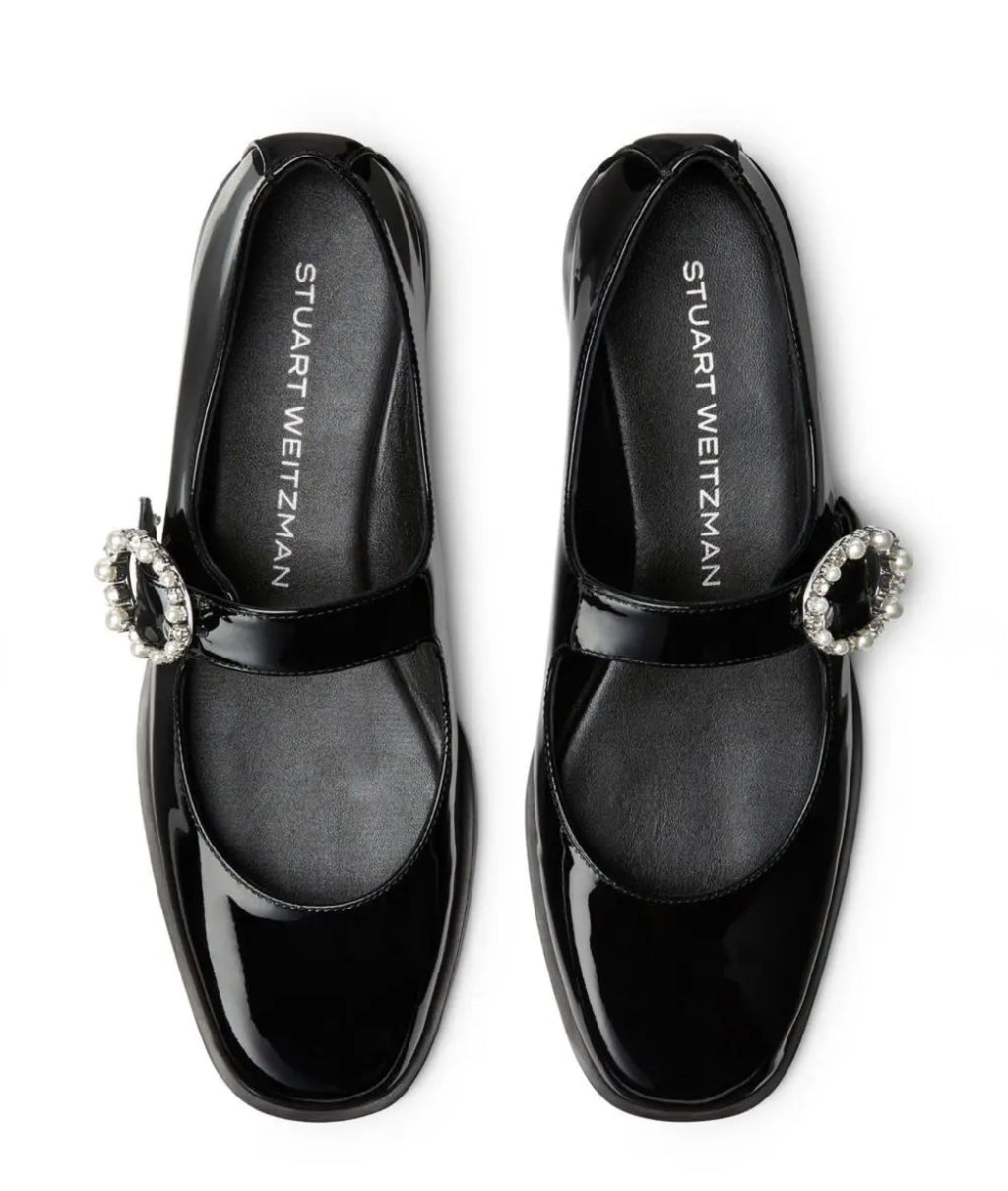 Stuart Weitzman Loralei Crystal Black Patent Mary Jane Flats Size 7.5
