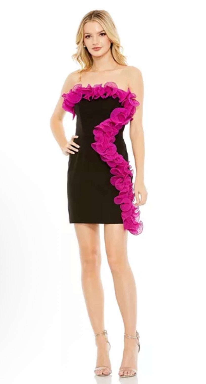 Mac Duggal 49642 Strapless Ruffle Detail Mini Dress Sz 0 $398 Black Fuchsia