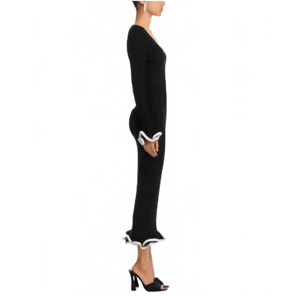 SIMKHAI Solani Ribbed Knit Ruffle Midi Dress Black Size Large
