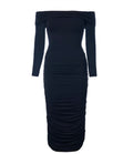 TA3 Shapey Off Shoulder Ruched Black Midi Dress XXS Long Sleeve Built In Shapewear