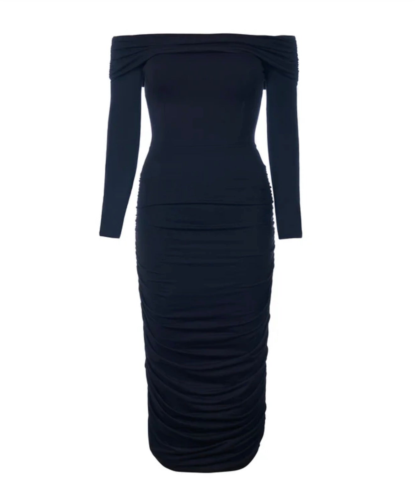 TA3 Shapey Off Shoulder Ruched Black Midi Dress XXS Long Sleeve Built In Shapewear