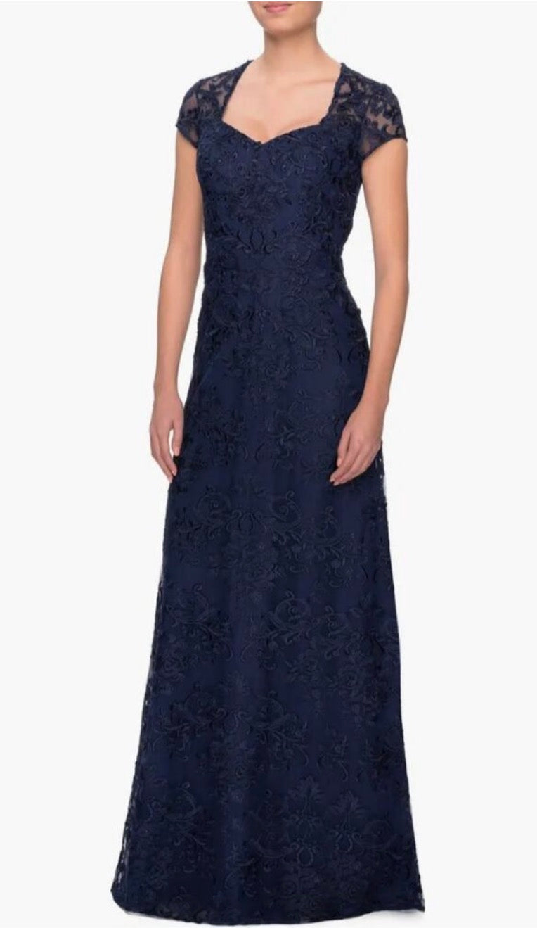 La Femme - 27951 Lace V Neck Sheath Mother of the Bride Dress in Navy Sz 16 $598