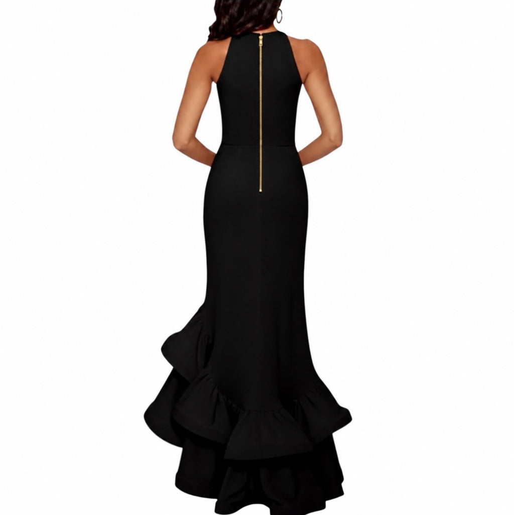 BETSY & ADAM Arielle Scuba Crepe Ruffle Slit Gown Black Size 4P