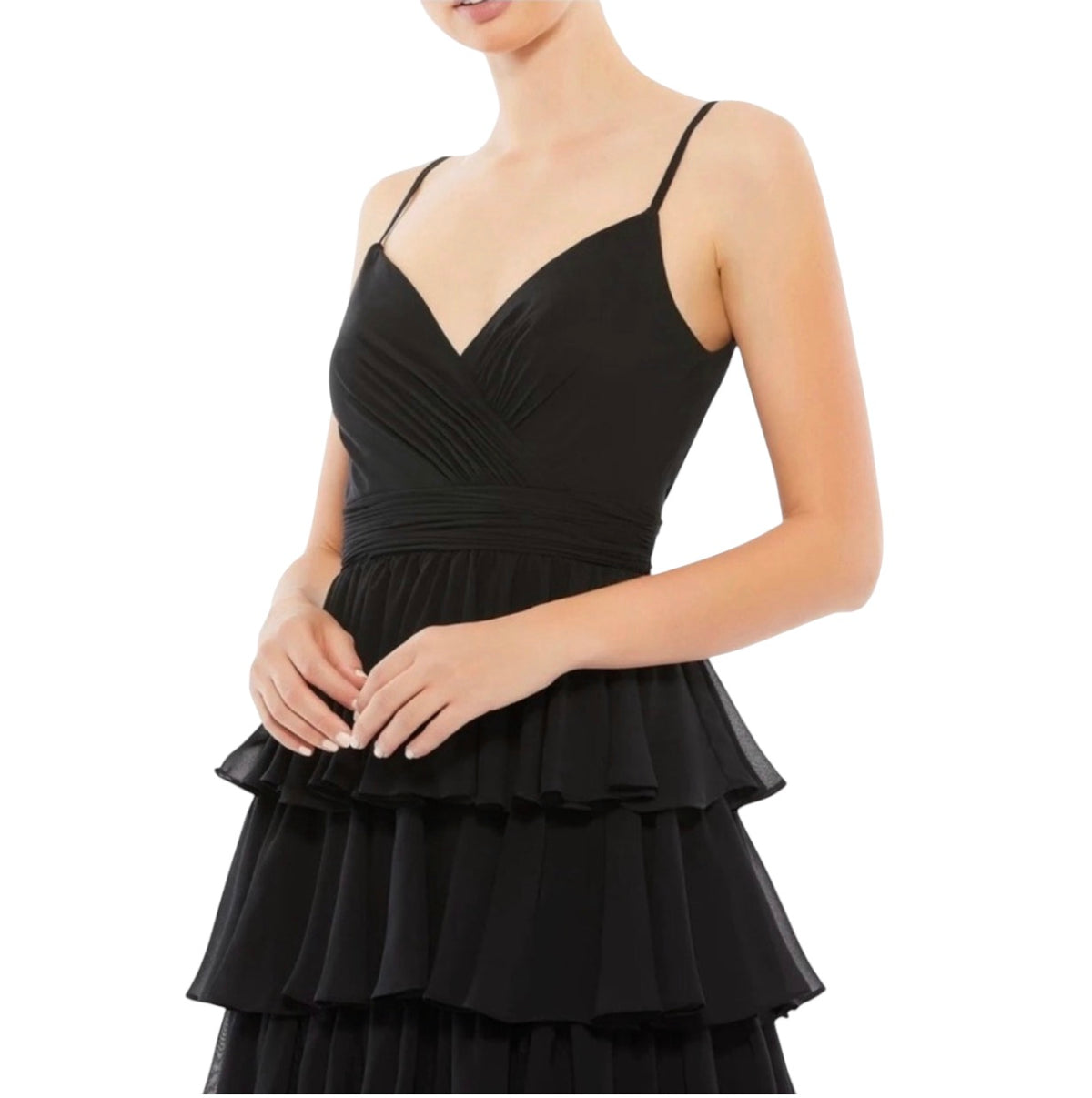 MAC DUGGAL 55437 Ruffle Layered V-Neck Midi Dress in Black