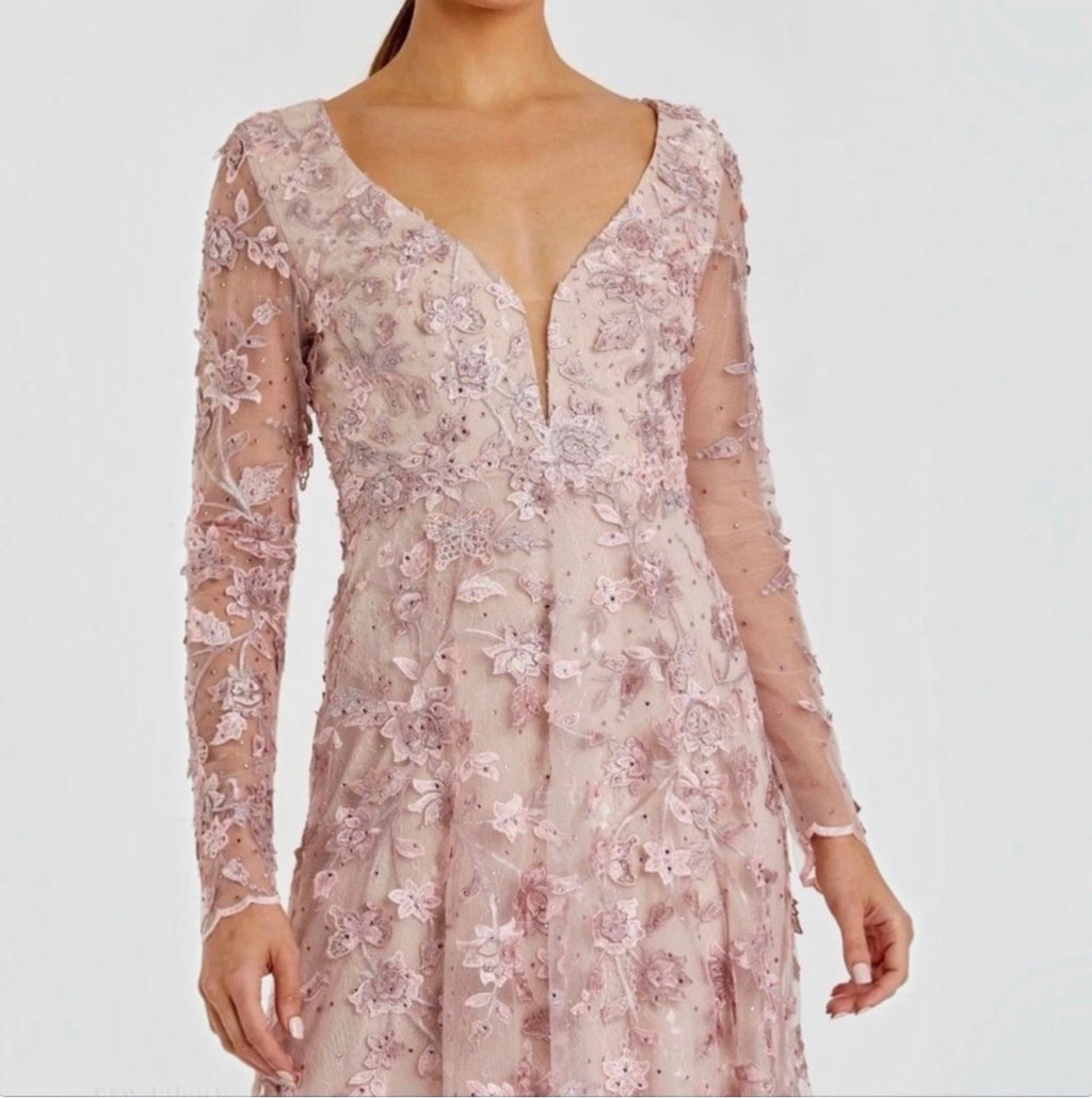 Mac Duggal 70224 Illusion Sleeve Floral Dress in Rose Pink Sz 10