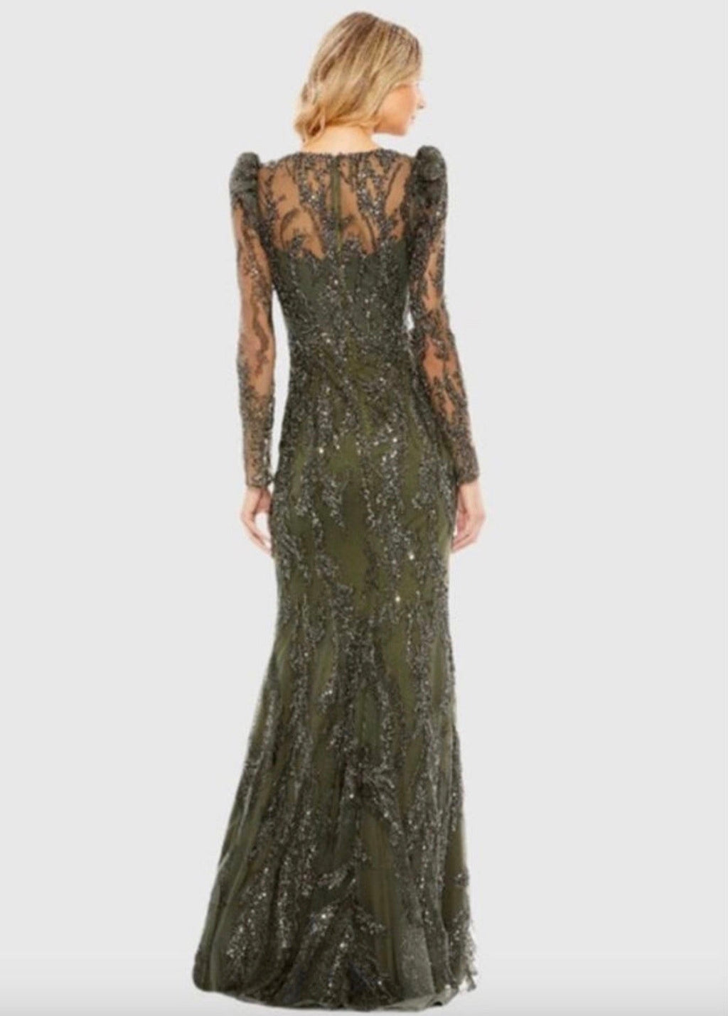 Mac Duggal 20349 Olive Green Beaded V-Neck Gown Long Sleeve Formal Sz 10