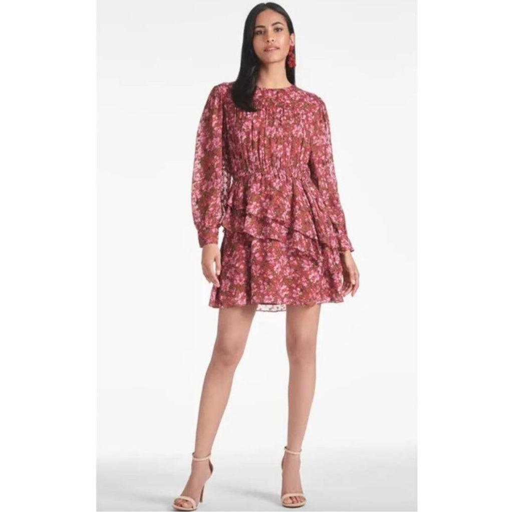 Sachin & Babi Meg Floral Ruffle Chiffon Mini Dress XS Bordbloom Long Sleeve A-Line $295