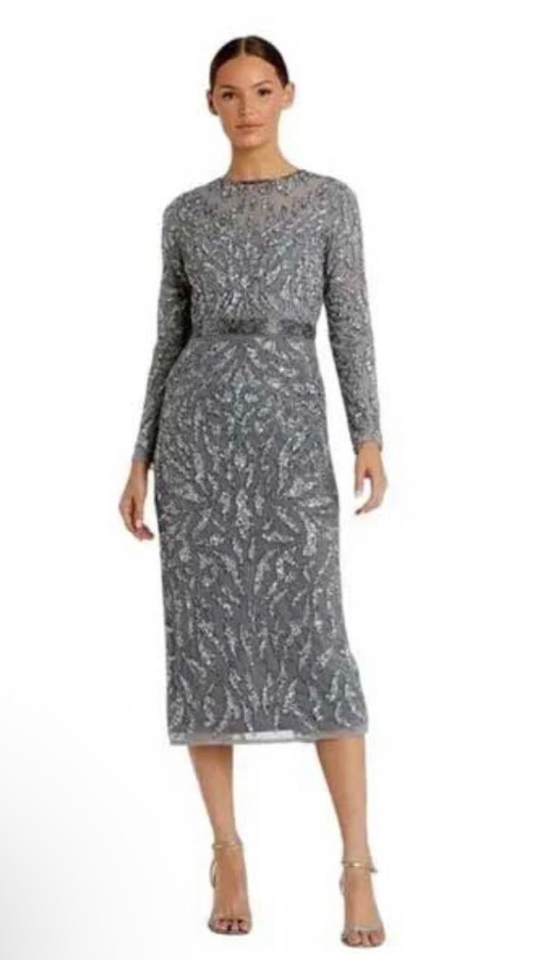 Mac Duggal 5521 Embellished Illusion Sheath Dress in Platinum Sz 8 $498