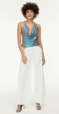 My Beachy Side Charlotte Shimmer Draped Top Blue Metallic Halter Size Medium $245