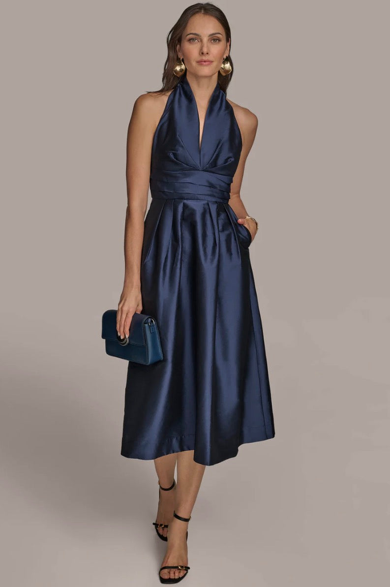 Donna Karan Sleeveless V-Neck Taffeta Midi Cocktail Dress TAFFETA BLUE  Sz 8
