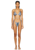 Norma Kamali CRISS CROSS BIKINI BRA/ BOTTOM set Black / Navy Denim Print Sz XS $180