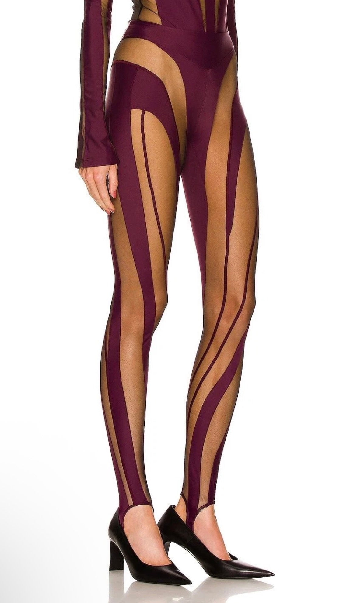 Mugler Sheer Spiral
Stirrup Leggings
Raisin Black Mesh Illusion FR 38