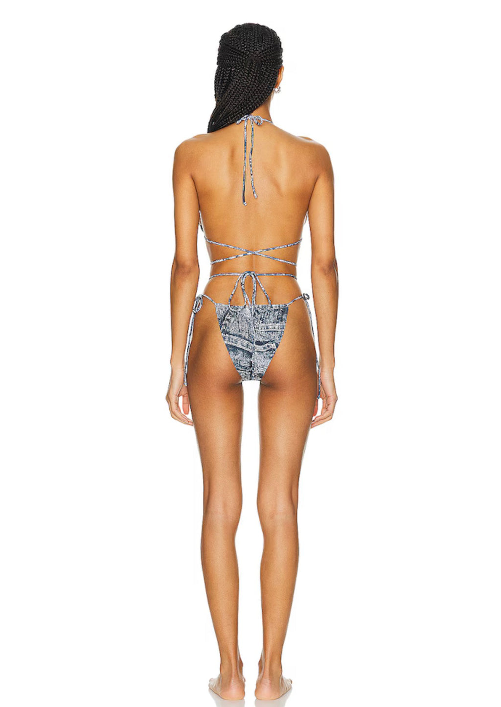 Norma Kamali CRISS CROSS BIKINI BRA/ BOTTOM set Black / Navy Denim Print Sz XS $180