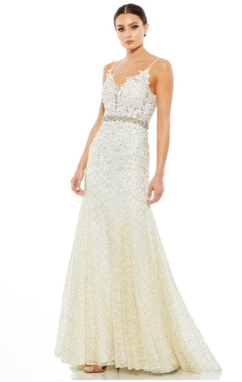 Mac Duggal A79341 Trumpet Gown Ivory Formal Plunge Neck Size 14 $798