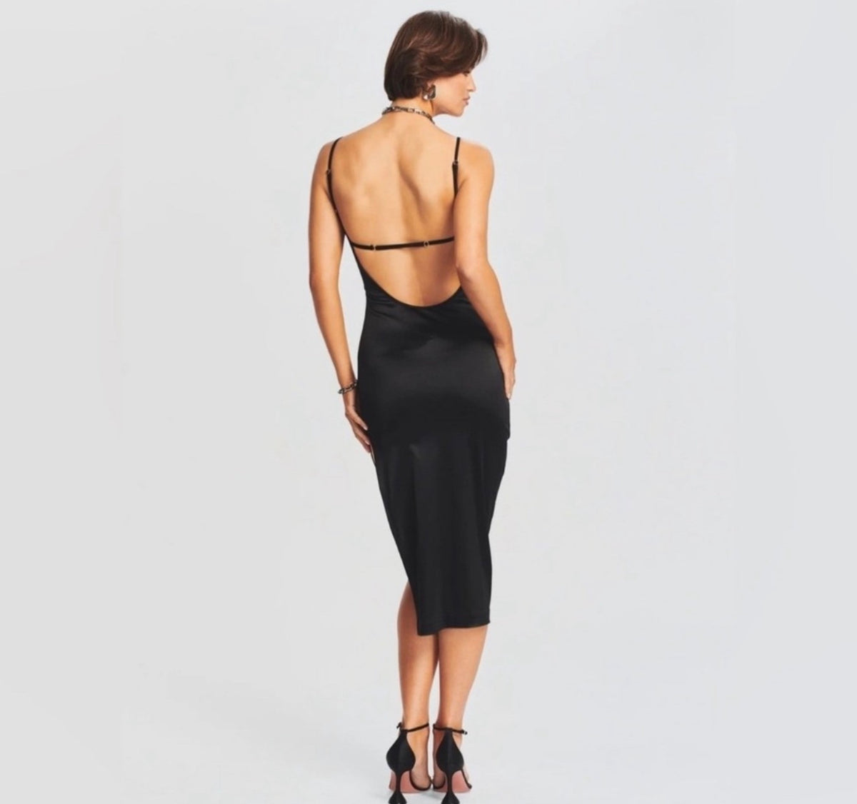 Ser.o.ya Birdie Midi Bodycon Dress Black Stretch Satin Sz Small