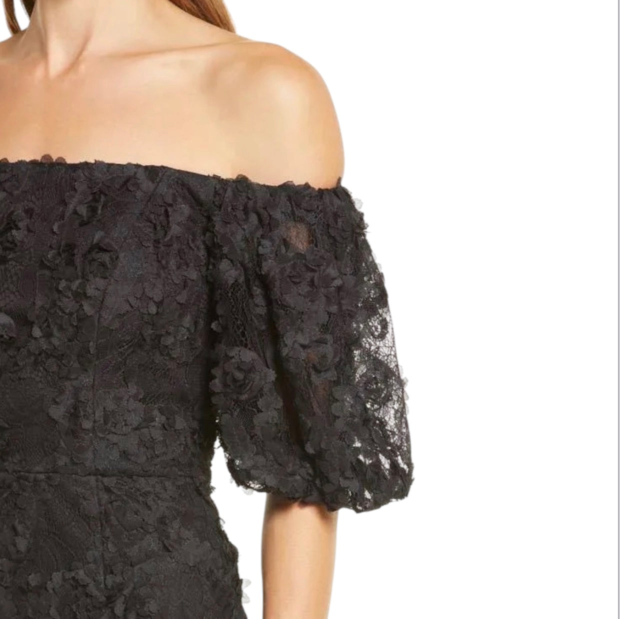 Xscape Black Off-Shoulder 3D Floral Lace Sheath Cocktail Dress Size 2