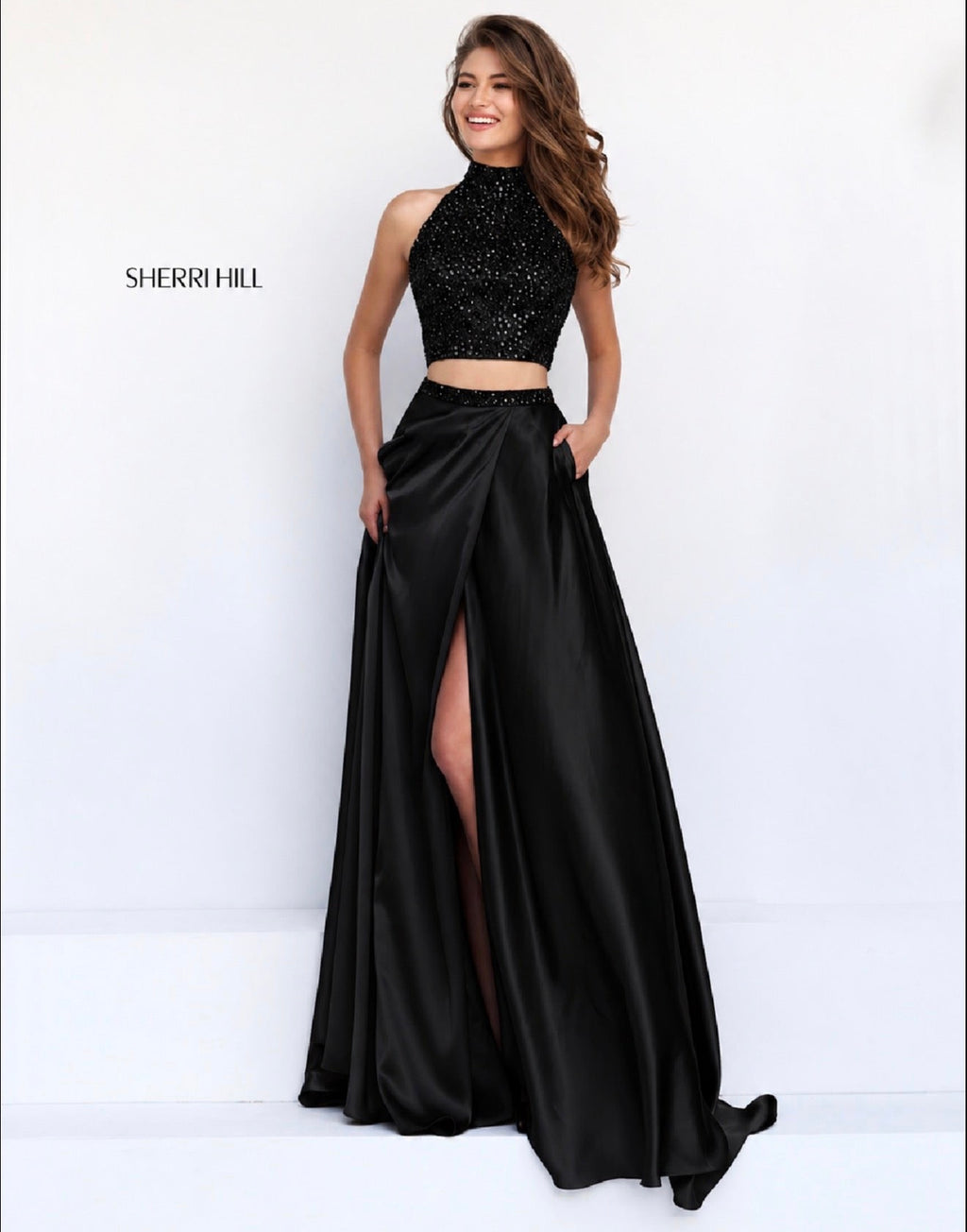 Sherri Hill 11330 Black Two Piece Halter High Slit Prom Gown Dress
Size 8 $498