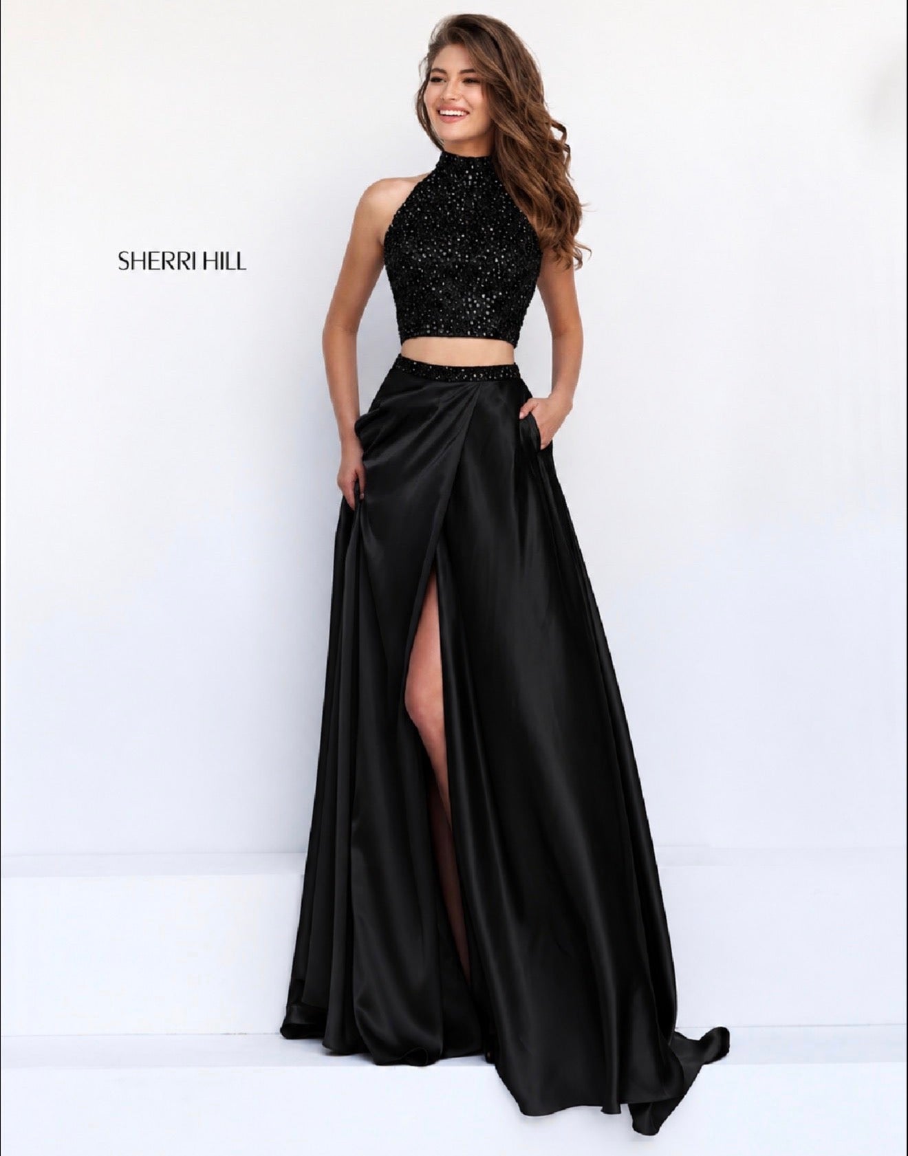Sherri Hill 11330 Black Two Piece Halter High Slit Prom Gown Dress
Size 8 $498