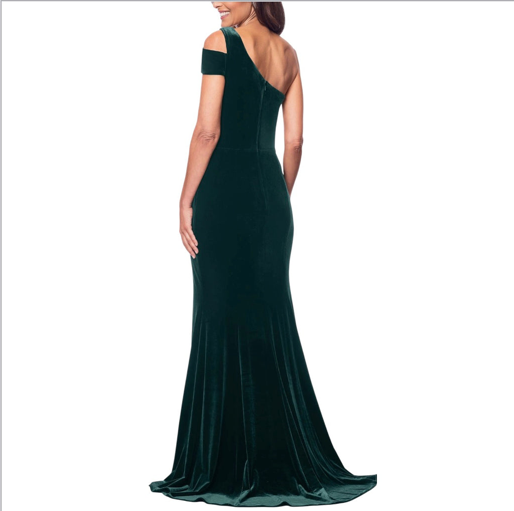 Betsy & Adam One-Shoulder Velvet Mermaid Gown Hunter Green Size 12