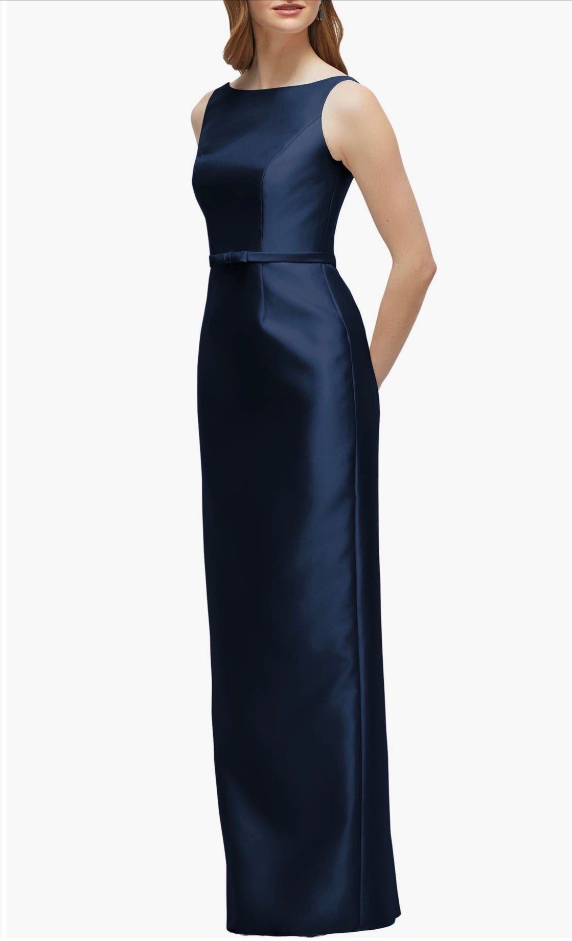 Alfred Sung Midnight Blue Sleeveless Bow Waist Full Length Gown D881 Sz 12