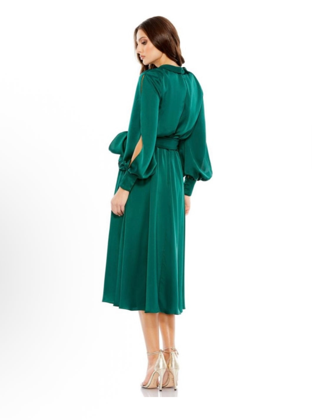NWT Mac Duggal 49582 Collared Faux Wrap Bishop Sleeve Flowy Dress Emerald Sz 8 $