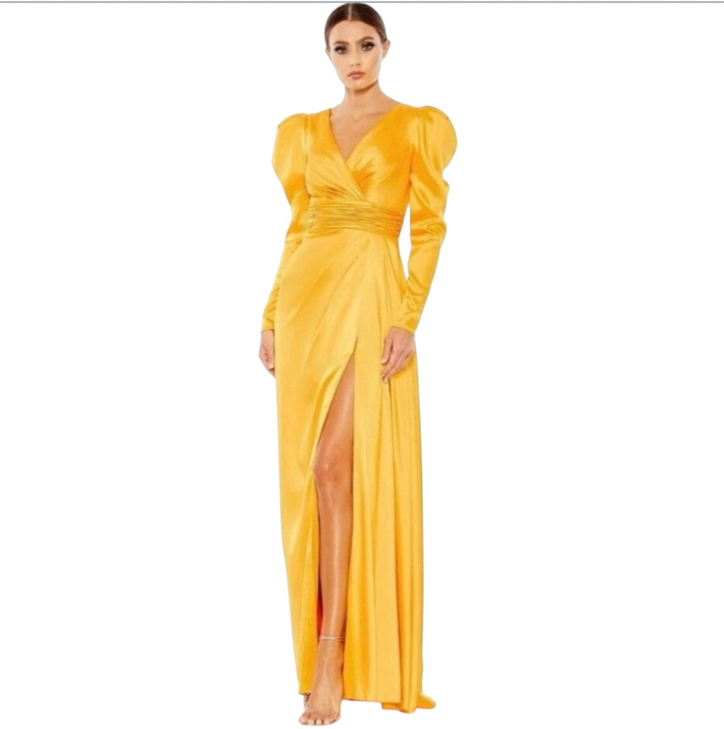 Mac Duggal 12404 V Neckline Long Puff Sleeves Maxi Column Gown Mango