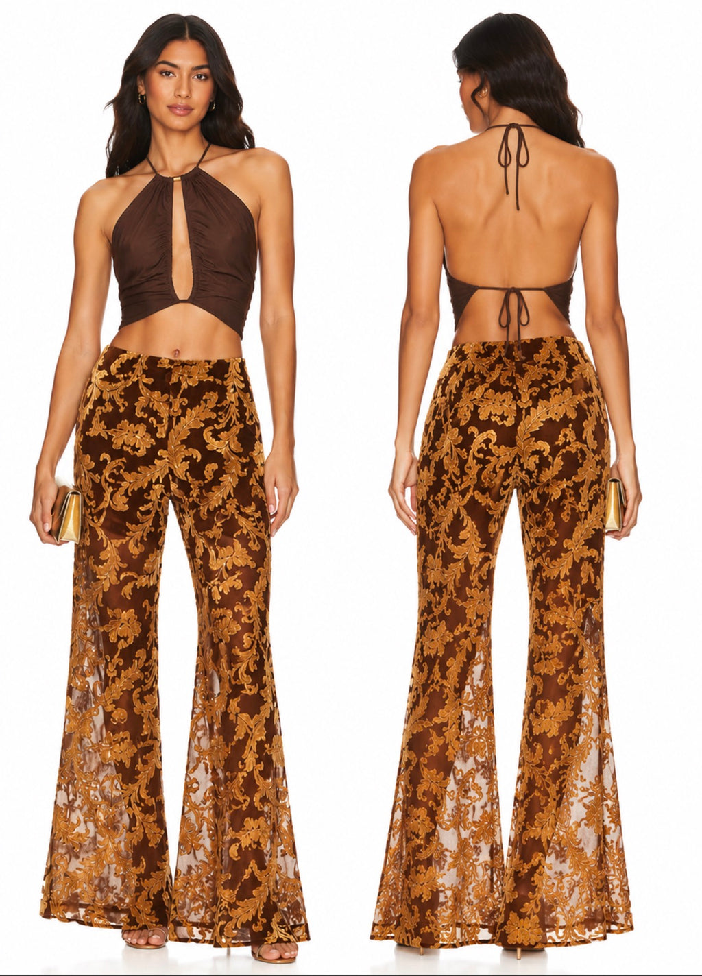 L’Academie by Marianna Brown Gold Baroque Flocked Flare Pants Small