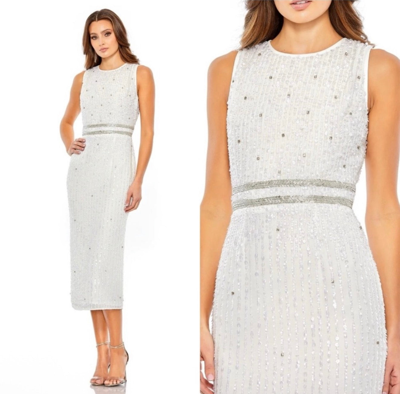 Mac Duggal 10509 Sleeveless High Neck Beaded Midi Sheath Dress White Sz 0