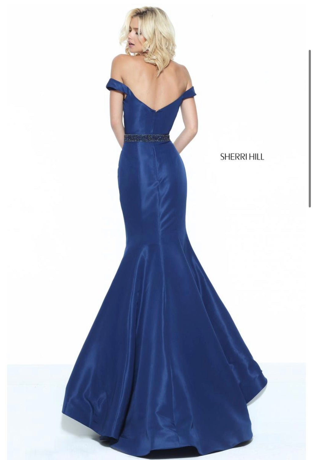 Sherri Hill 50950 Navy Off Shoulder Taffeta Mermaid Gown Size 2 $550
