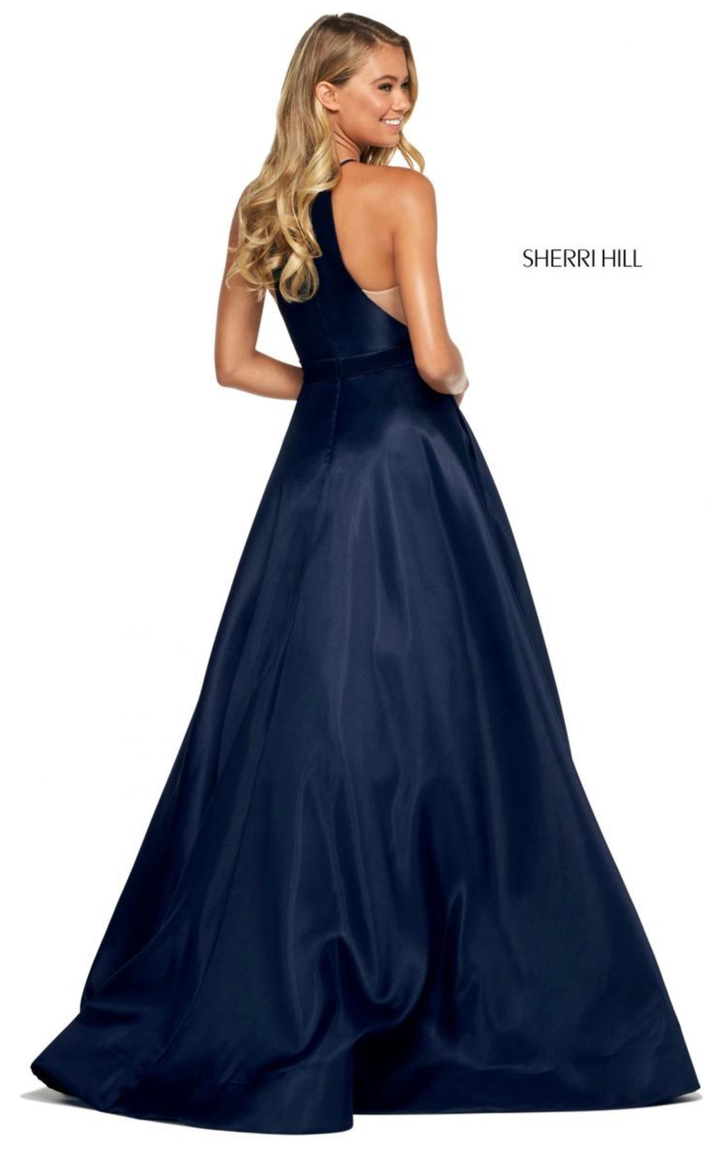 Sherri Hill 53659 Mikado A-Line Halter Gown – Size 4 – Navy $398