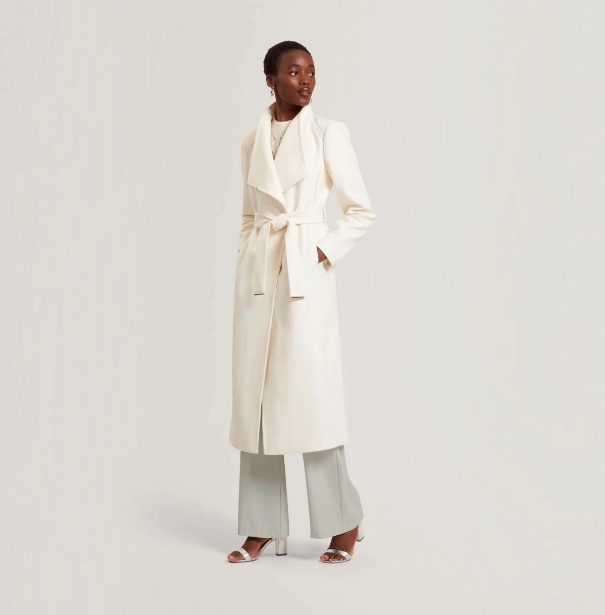 TED BAKER Rosell Ivory Wool Cashmere Belted Wrap Coat Size 3 US 8