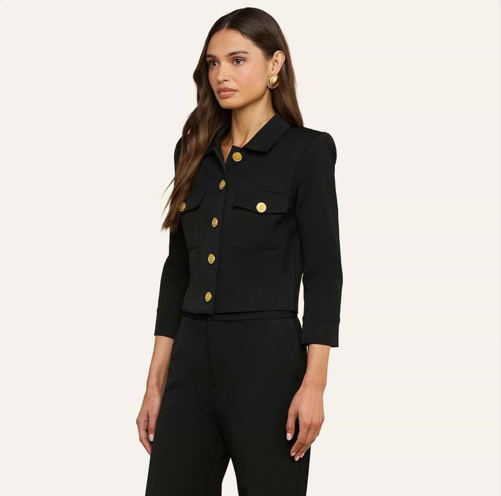 L’AGENCE Kumi Cropped Jacket Black Gold Coin Size 8