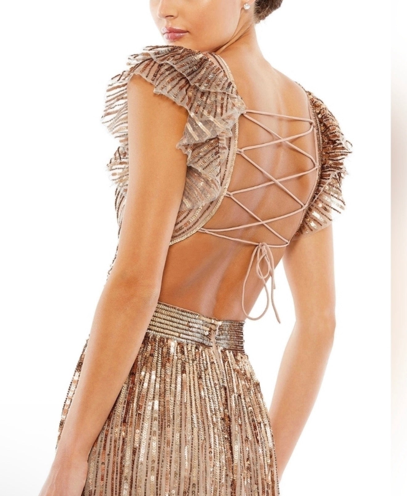 Mac Duggal 5568 Copper Sequin Cutout Lace Up Back Gown Size 2 $598